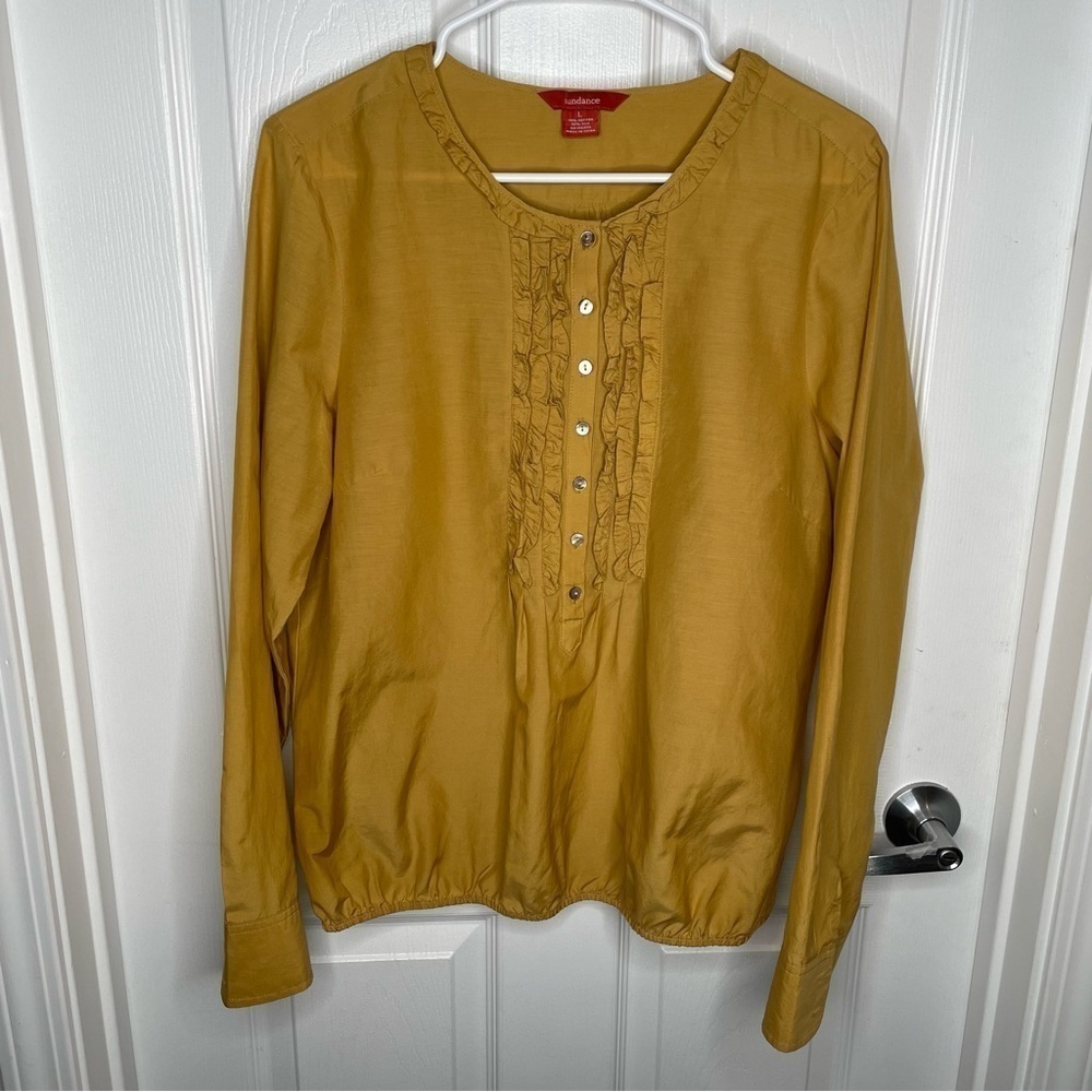 Sundance Silk Blend Ruffle Long Sleeve Blouse in Mustard Yellow L